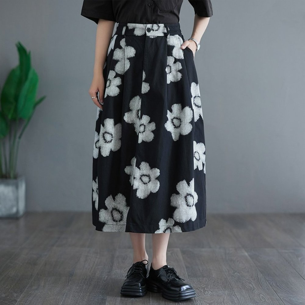 Floral Print Midi Skirt, Midi Skirt Women with Slit, Midi Skirt with Pockets